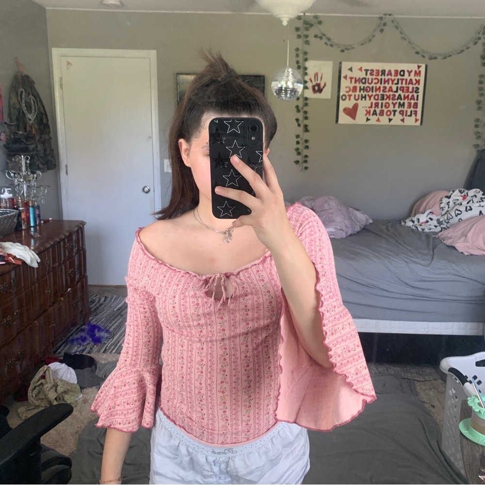 Pink Off-Shoulder Top with Flared Sleeves